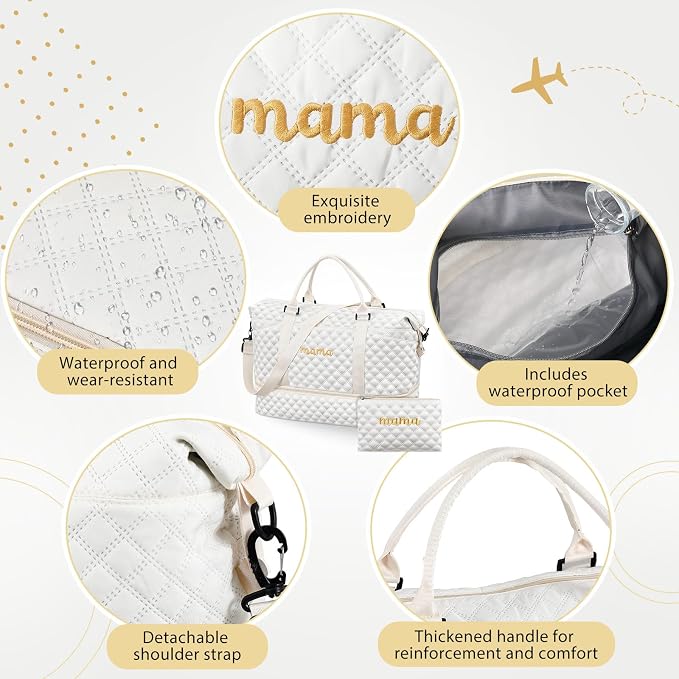 Dansydaisy Mama Hospital Bag for Women Labor Delivery,White | Travel Duffle Bag with Shoe Compartment and Toiletry Pouch Waterproof Weekender Bag for Women Pregnancy Overnight Gym Gift - Image 4
