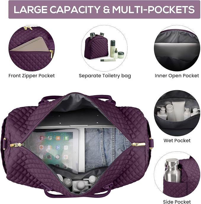 Travel Weekender Duffle Bags for Women - Large Carry On Bag with Shoe Compartment Overnight Bag with Toiletry Bag Duffel Bags with Wet Pocket for Gym Hospital Bags for Labor and Delivery Dark Purple - Image 2