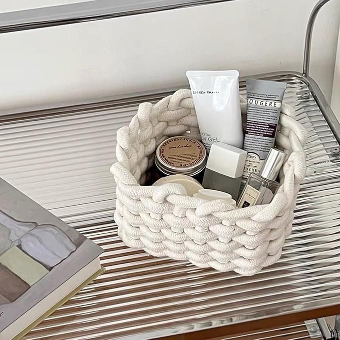 3 Pack Small Cotton Rope Basket with Handles Woven Storage Basket Rectangle Stackable Nursery Storage Baskets Decorative Shelf Basket Organizer Gift Baskets for Toys Small Items(White) - Image 4