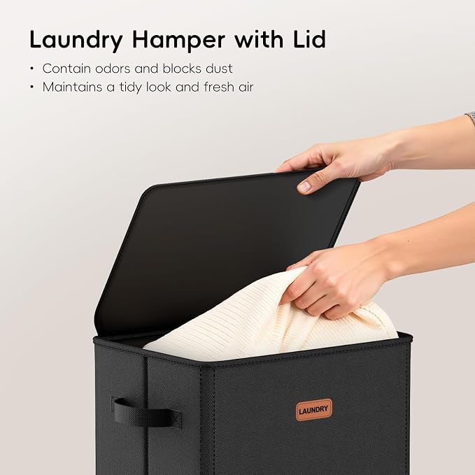 100L Laundry Hamper with Lid, Large Clothes Hampers with Removable Bag, Collapsible Laundry Basket for Bathroom, Bedroom, Laundry Room, Dorm, Black - Image 4
