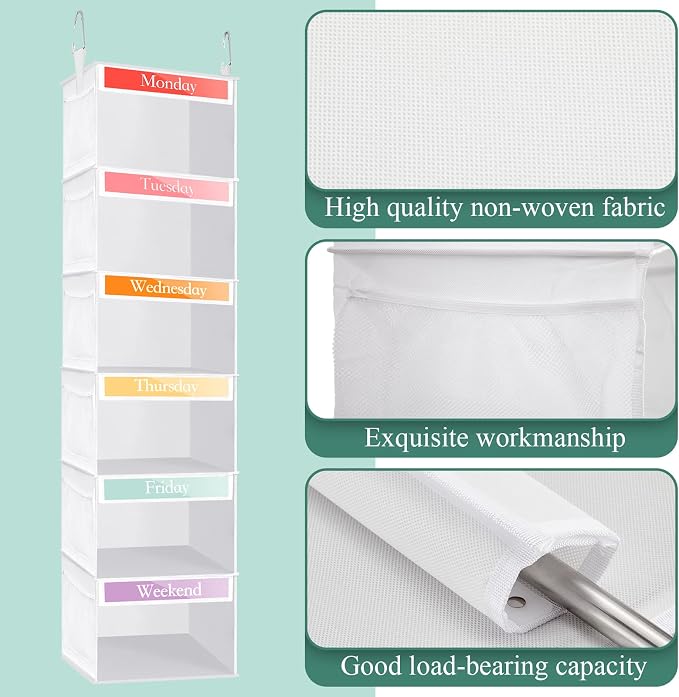 2 Pack 6 Shelf Weekly Clothes Organizer for Kids with Side Pocket, 47 Inch Days of the Week Clothes Organizer, Monday to Friday Daily School Outfits Clothing Divider for Kids(White) - Image 3