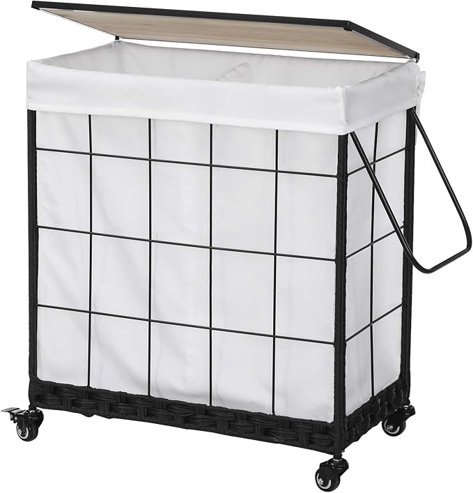 110L Laundry Hamper with Wood Lid, Rolling Laundry Basket with Liner Bag | Dual Laundry Compartments; Lockable Wheels; Reinforced Steel Frame; Durable Metal Handle; Easy Assembly by Hermina