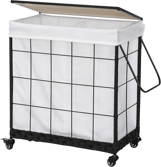 110L Laundry Hamper with Wood Lid, Rolling Laundry Basket with Liner Bag | Dual Laundry Compartments; Lockable Wheels; Reinforced Steel Frame; Durable Metal Handle; Easy Assembly by Hermina