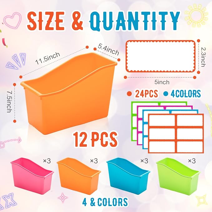 Geetery 12 Pcs Book Bin for Classroom with Labels Stackable Plastic Organizing Bins 11.5 x 5.4 x 7.5 in Book Holders Storage Bins Box Baskets for Classroom Library Home (Vibrant Color) - Image 2