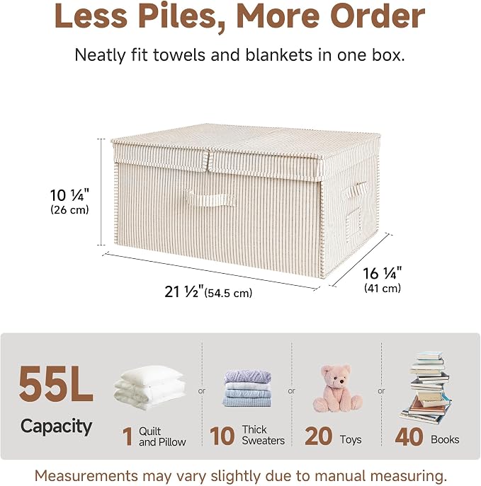 StorageWorks Extra Large Storage Bins with Lids, 55L Decorative Organizer with Divider Board, Fabric Boxes with Handles, Khaki and Beige Stripes, 2-Pack - Image 2