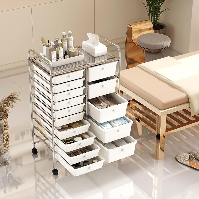 DREAMADE 15-Drawer Rolling Storage Cart, Mobile Craft Cart, White | Utility Organizer with Lockable Wheels, Removable Plastic Drawers and Metal Frame for Home Office, Classroom and Studio - Image 8
