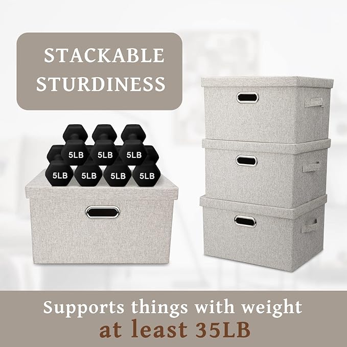 Graciadeco Medium 15" 21 Quart Collapsible Stackable Storage Bins with Lids, 1 Pack Beige Foldable Fabric Closet Storage Boxes with Lids, Heavy-duty Linen Baskets for Bedroom | 21 Quart 1 Pack Beige Collapsible Stackable Linen Fabric 4 Handles Bedroom ... - Image 4