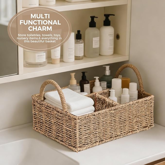 Diaper Caddy Organizer, Hand Rattan Nursery Baby Basket Changing Table Organizer for Baby Essentials, Baby Shower Gifts, Versatile Shelf Basket Bathroom/Kitchen Organizer (Natural Beige, L) - Image 9