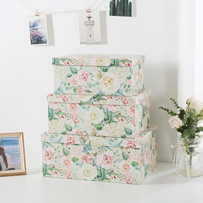 Soul & Lane - Blooming Rose Decorative Storage Boxes with Lids, Set of 3 | Large Nesting Cardboard Keepsake Boxes for Photos and Memories, Floral Photo Storage Containers for Home Decor - Image 3