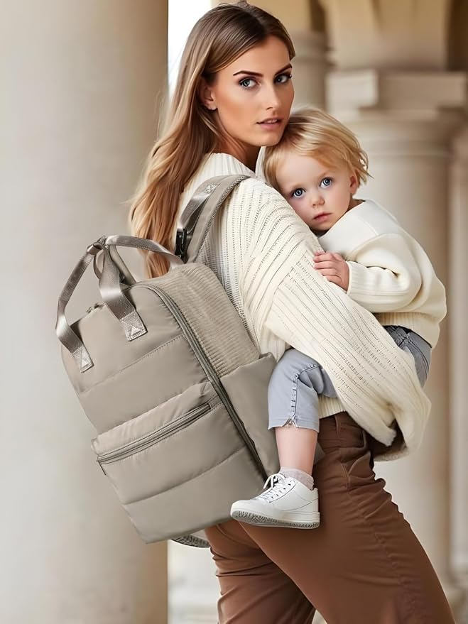 MOMINSIDE Diaper Bag Backpack Large Baby Diaper Bag With 15 Pockets,Patchwork Baby Travel Bag Organizer for Mom,4 Insulated Pockets,Changing Pad,Brown - Image 2