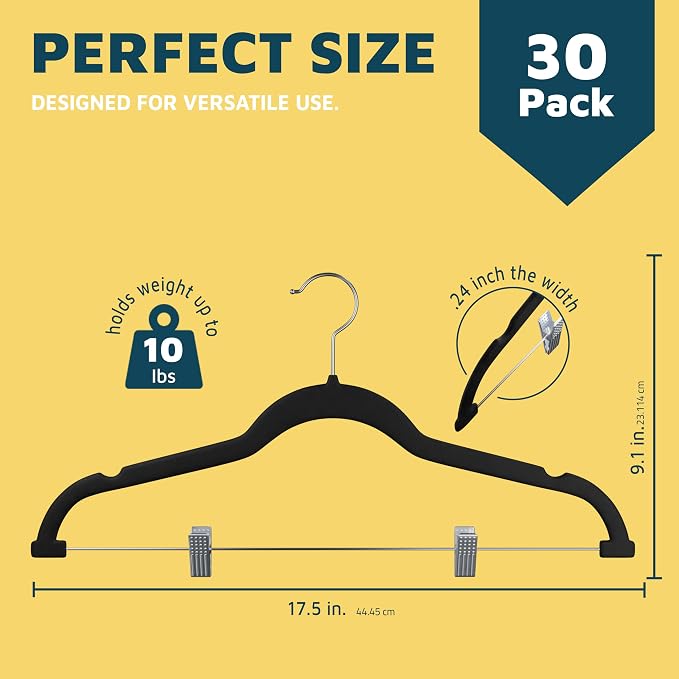 Lifemaster Velvet Skirt Hangers – with Adjustable Clips, 360 Degree Swivel Hook, and Non-Slip Shoulder Notch, Holds Up to 10 lbs, for Organizing Skirt, Pants, Dress, and Clothes, Pack of 30, Black - Image 2