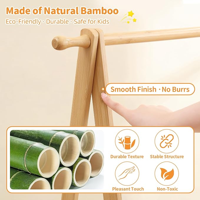 Foldable Kids Clothing Rack - Dress Up Storage with 2 Fabric Shelves, Bamboo Small Clothes Rack for Hanging Organizer, Kids Costume Wardrobe & Dress Up Rack for Bedroom, Playroom, Nursery (Natural) - Image 7