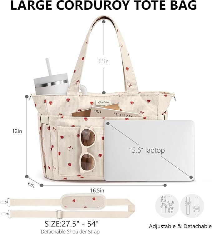 Bagstellar Corduroy Tote Bag for Women, 17 Pockets Laptop Work Tote Purse | Large 15.6” Computer Bag w/ 40oz Cup Holder & Strap, Zipper Teacher Nurse Bible Shoulder Bag for School Travel College Office - Image 2