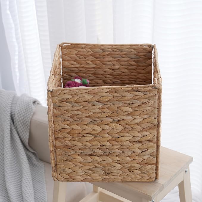Wicker Storage Baskets, Foldable Cube Bins, 11.2 Inch, 4-Pack | 4-pack foldable 11.2" water hyacinth wicker cube baskets; collapsible storage bins for shelves, closets, offices and home. - Image 6
