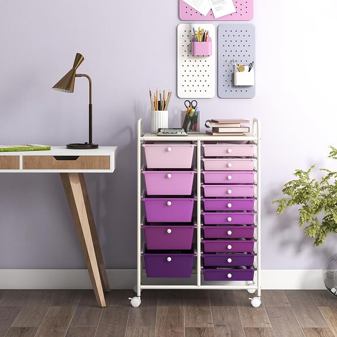 DREAMADE Rolling Cart with 15 Drawers, Rolling Drawer Organizer Cart w/Lockable Wheels, Removable & 2-Sized Storage Drawers, Art Cart for School Home Art Supplies Crafts File Scrapbook - Image 8