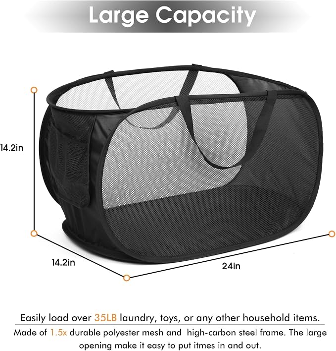 Sturdy Collapsible Laundry Baskets- Pop Up Laundry Hampers with Handy Pocket, Foldable Clothes Hamper with Reinforced Carry Handles for Laundry, Bathroom, Kids Room, Dorm or Travel Black - Image 2