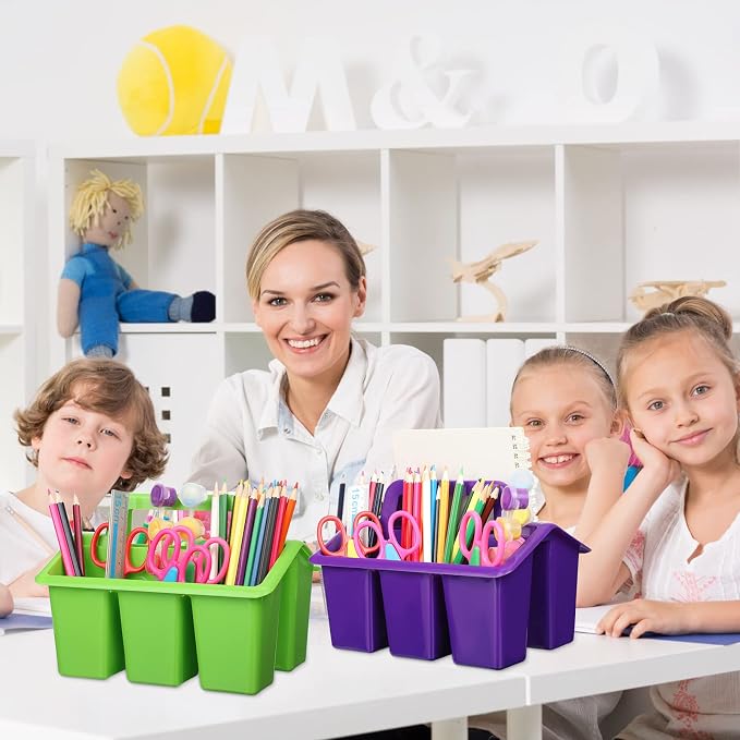 WILLBOND 12 Pcs Classroom Storage Caddies Stackable Utility Caddies with 4 Compartment Plastic Caddy with Handle Portable Storage Bins Organizers for Kids Schools Art Craft Supplies(Colorful) - Image 4