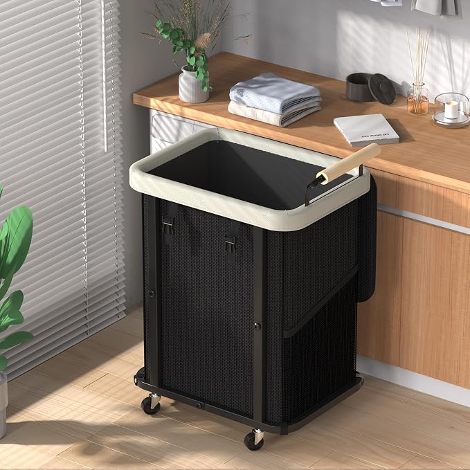 Laundry Hamper with Lid,150L Rolling Laundry Basket with Wheels & Handle | Leather Patchwor Dirty Clothes Hamper,Laundry Basket Organizer for Bedroom Aesthetic,Laundry Room,Dorm - Black Gray by ELOWEN