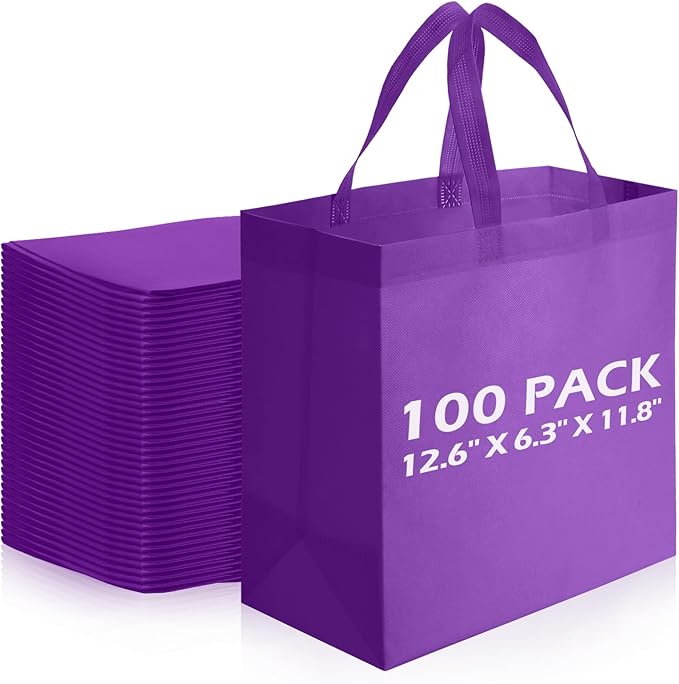Reginary 100 PCS Non Woven Tote Bags Bulk,Purple | Reusable Shopping Bags with Handles, Stores, Groceries Markets, Events Gift, Party Supplies by Reginary