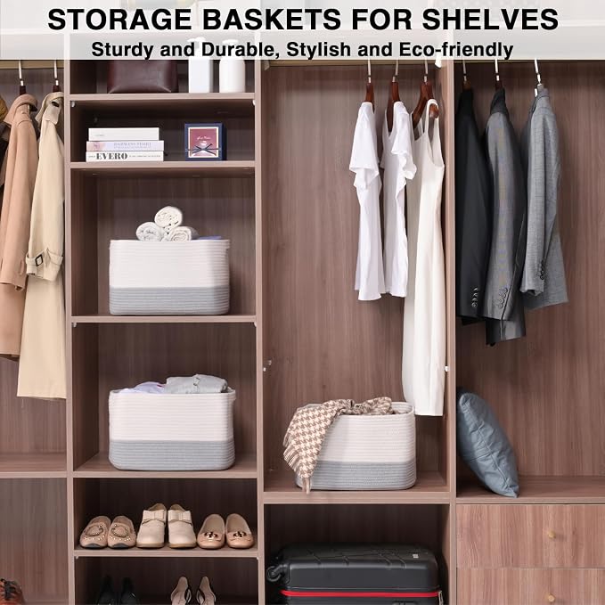 Grey Storage Baskets for Organizing Shelves, Woven Cotton Rope Baskets for Storage, Dog Toy Basket Storage Kids, Gray Shelf Basket, 14.8"×11"×9.5", Pack of 3, Off White & Grey - Image 3