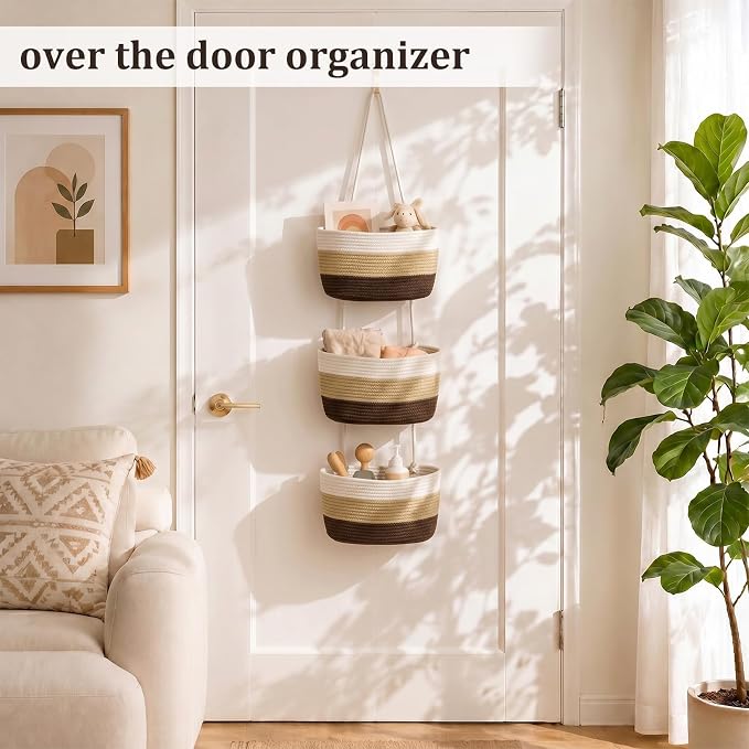 TeoKJ Over the Door Hanging Basket, 3-Tier Woven Cotton Wall-Mounted Storage Organizer Bag Decorative Hanging Nursery Baskets，Gradient Brown - Image 2