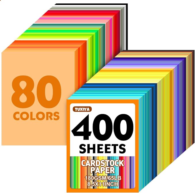 TUXIYA 400 Sheets 8.5" X 11" Colored Cardstock, 80 Colors Card Stock | 180GSM/65LB 80 Assorted Colors Construction Paper Printer Paper for Printing, Card Making, DIY Crafts, School Supplies,Party by Unknown