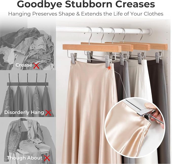 HOUSE DAY Wooden Pants Hangers with Clips, 20 Pack Skirt Hangers, Natural | 14-Inch Wood Hangers with Adjustable Non-Slip Metal Clips & 360° Swivel Hooks, Heavy Duty for Jeans, Slacks, Trousers, Shorts - Image 8