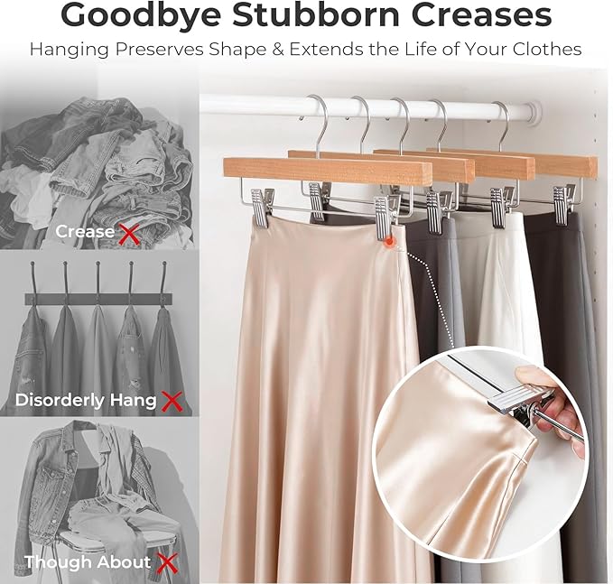 HOUSE DAY Wooden Pants Hangers with Clips, 20 Pack Skirt Hangers, Natural | 14-Inch Wood Hangers with Adjustable Non-Slip Metal Clips & 360° Swivel Hooks, Heavy Duty for Jeans, Slacks, Trousers, Shorts - Image 8