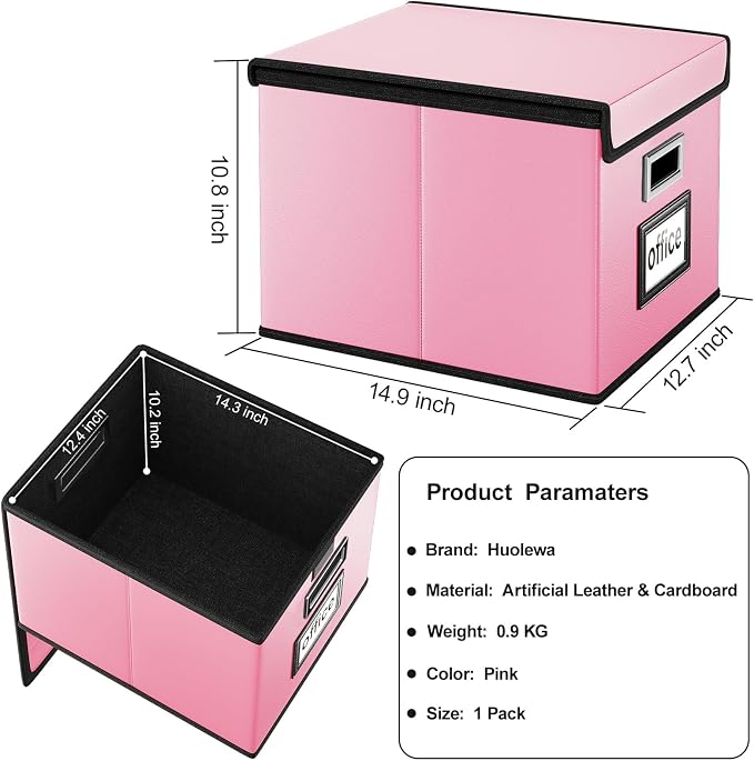 File Organizer Box with Lids, Collapsible File Folder Organizer | File Box with Plastic Slides for Document, Filing Bin for Letter Size Hanging File Folders (1 Pack, Pink, Leather) - Image 6