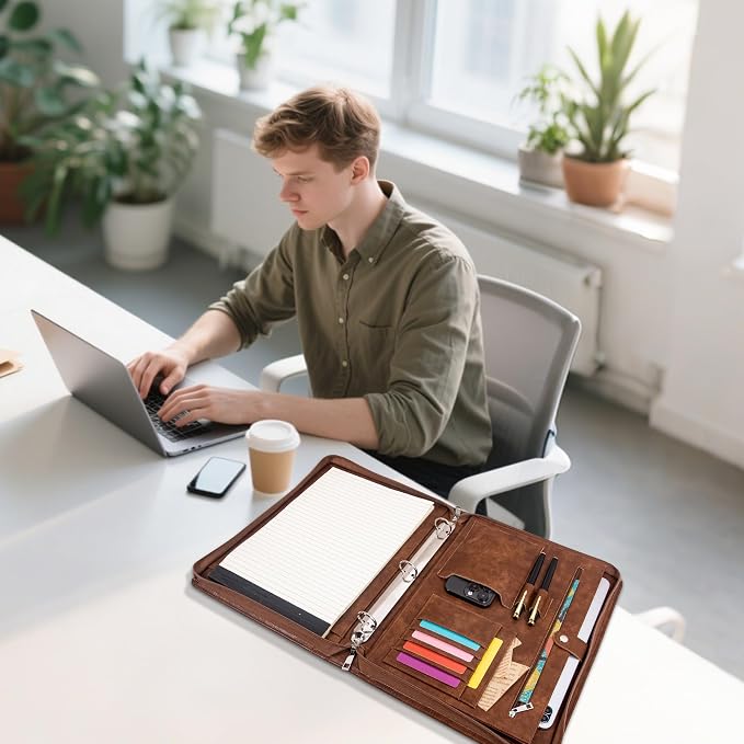 Calfinder Portfolio Binder with 3 Ring,Leather Padfolio with Zipper for Men&Women,Business Portfolio Organizer with Tablet/Documents Holder,Leather Padfolio Binder for Interview/Office/School - Image 2