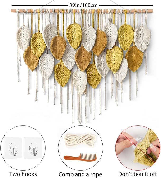 Large Macrame Wall Hanging Boho Woven Tapestry Bohemian Farmhouse Wall Art | KHOYIME Handmade Yellow Leaf Feather Chic Modern Home Decoration for Living Room Bedroom Nursery Dorm Backdrop 39"W X 29.5"L - Image 2