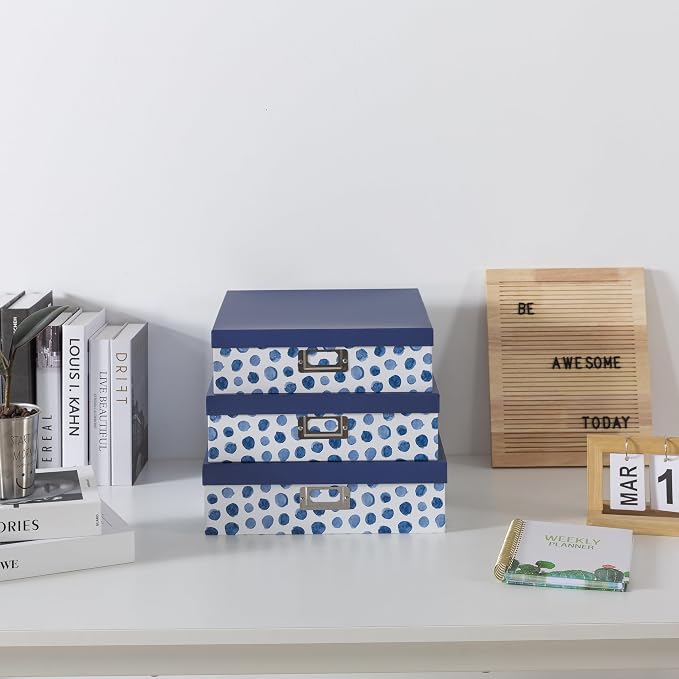 Soul & Lane - Decorative Storage Boxes with Lids, Set of 3, Blue Spots | Large Photo Keepsake Box Set for Organizing Documents and Memories, Cute Flat Nesting Cardboard Organizers for Scrapbooking - Image 2