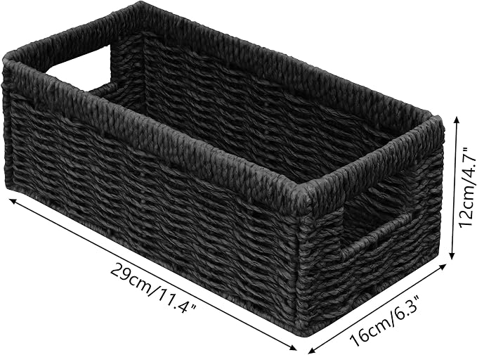 Wicker Storage Basket, Set of 2 Hand Woven Wicker Baskets for Organizing with Handles, Decorative Small Storage Bins for Countertop Toilet Paper Basket for Toilet Tank Top, Shelves, Black - Image 2