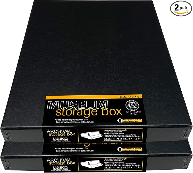 Lineco Drop Front Archival Storage Box, 11.75x15.25x1.5 in, Black, 2 Pack | Acid-Free with Metal Edge, Preserves Picture Longevity, Organize Photos, Newspapers, Prints, Documents, Crafts, DIY by Lineco