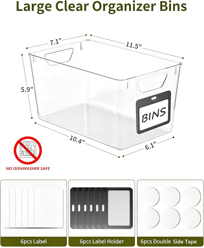 iCASA 6-Pack Clear Fridge Organizers and Storage Bins Container with Labels | Plastic Refrigerator Organizer Bin for Organizing, Home Organization Must Haves for Kitchen Under Sink Cabinet Pantry Shelf - Image 2