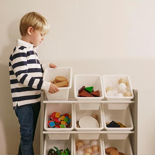 ECR4Kids 3-Tier Organizer with 9 Removable Plastic Bins, 3x3, Toy Storage, Grey/White | Durable plastic bins, MDF panels, steel frame, GREENGUARD Gold Certified, 27 lb capacity, anti-tip kit, playroom/classroom - Image 2