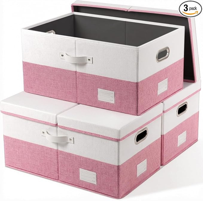 Storage Bins with Lids [3-Pack] Linen Fabric Foldable Storage Boxes Organizer Containers Baskets Cube with Cover for Bedroom Closet Office White&Pink (23.4X15.9X11.4) by Prandom