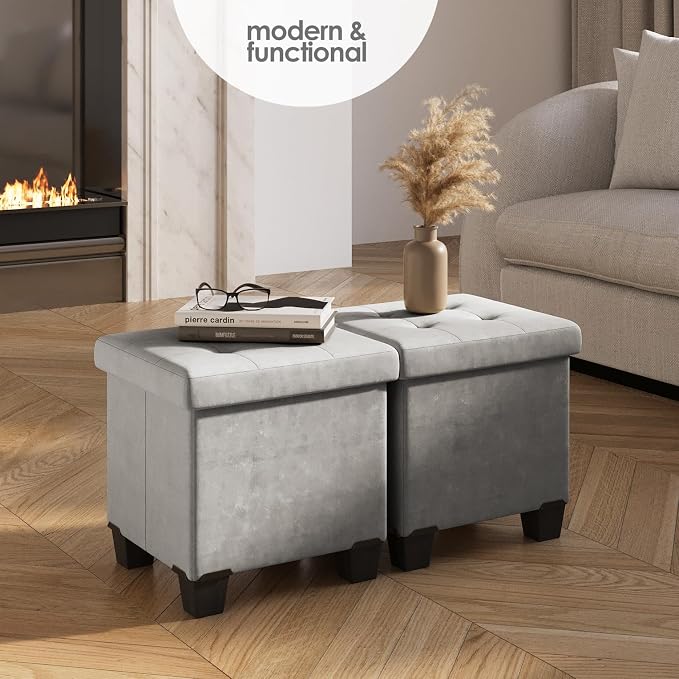 Storage Ottoman Cube with Small Bin, 15-in Square Ottoman with Storage for Living Room and Bedroom, Small Ottomans Foot Rest, Velvet Foot Stools Ottomans Max 330lbs, Light Grey - Image 2