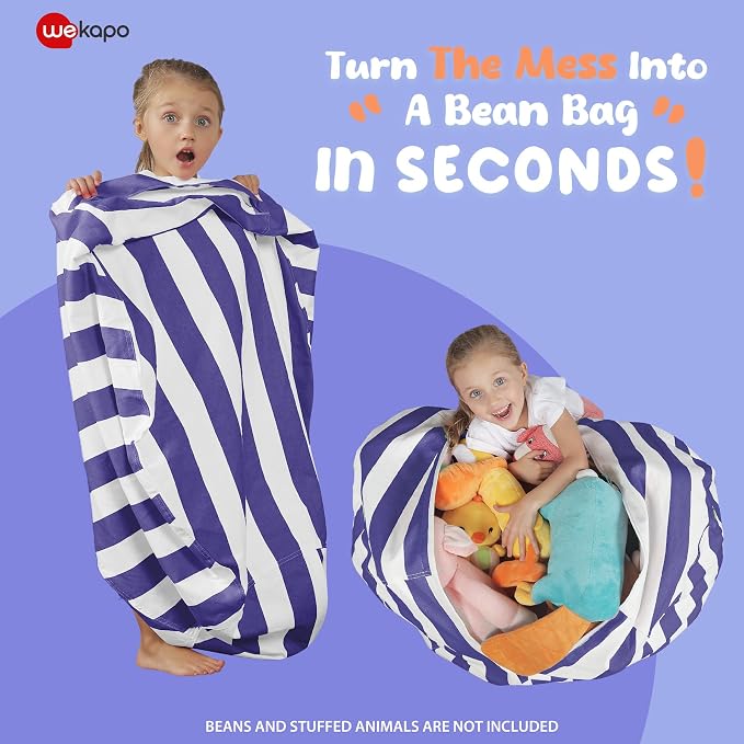 WEKAPO Stuffed Animal Storage Bean Bag Chair Cover for Kids | Stuffable Zipper Beanbag for Organizing Children Plush Toys Large Premium Cotton Canvas (Navy Strip, XX-Large) - Image 3