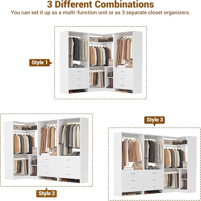 Aheaplus Closet System with 6 Drawers, 4 Hanging Rods & Corner Tower, Corner Closet System with Hanging, 80.9" L-Shaped Walk-In Wardrobe Organizer, 2000+ lbs Capacity, Set of 3, White - Image 4