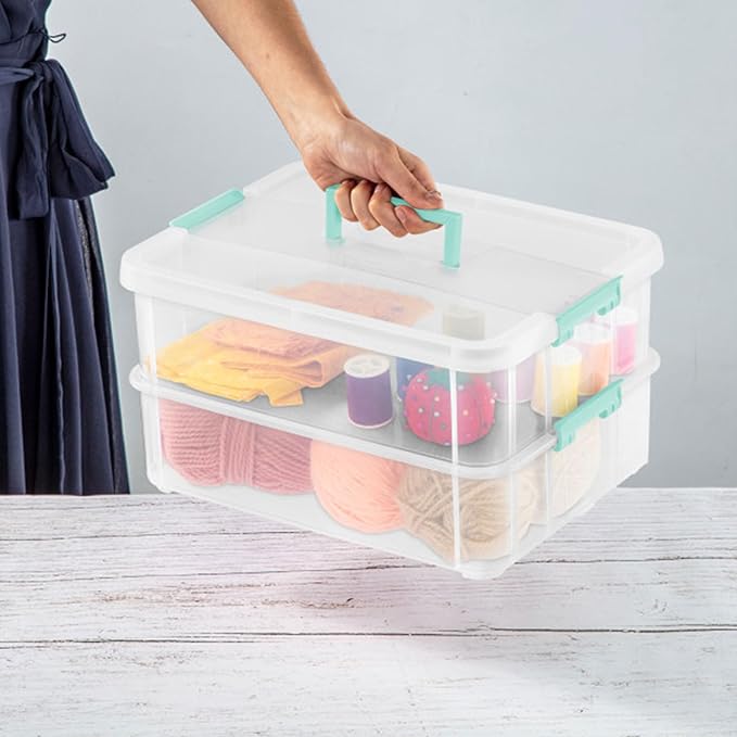 Sterilite 16-Pack Stack & Carry, 2 Layer Handle Box for Home & Office Storage - Clear Base & Lid with Color Latches, Organizer for Art & Craft Supplies, Sewing Tools or 8.5" x 11" Paper - Image 4