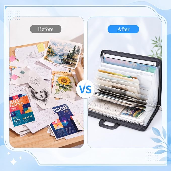 Dunzoom 1 Pack 11 x 17 Art Portfolios, Expanding File Organizer with 13 Pocket for Artwork, Plastic Clear Portfolio Holder Document Binder with Handle, Zipper and 120 Pcs Sticky Labels (Grey) - Image 4