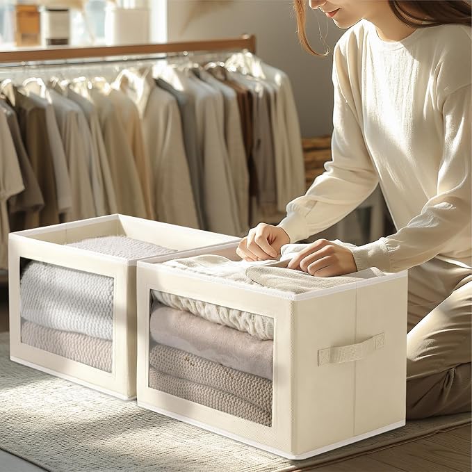 Storage Boxes with Lids - 4 Pack Fabric Clear Window Storage Bins, Large Decorative Storage Bins with Handles, Linen Closet Organizer for Clothes, Towel, Blanket, Beige - Image 2