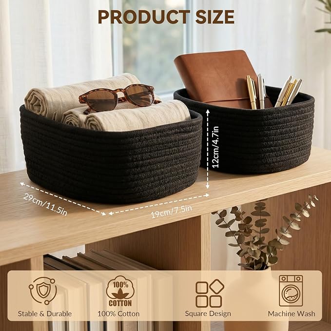 10 Pack Black Small Woven Baskets for Organizing, 11.5"x7.5"x4.7" Cotton Rope Storage Bins, Sleek Empty Gift Baskets for Modern Home, Office, Bathroom Shelf & Closet Organization - Image 2