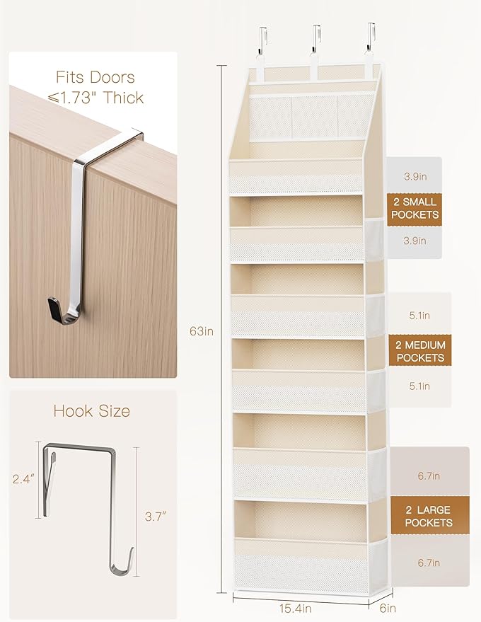 Over the Door Organizer, 6-Shelf Closet Hanging Storage with 13 Mesh Pockets, 55lbs Capacity Behind the Door Storage for Baby Nursery, Bathroom, Bedroom, and Dorm, Beige - Image 2