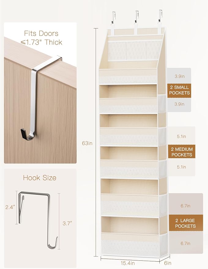 2 Pack Over the Door Organizer, 6-Shelf Closet Hanging Storage with 13 Mesh Pockets, 55lbs Capacity Behind the Door Storage for Baby Nursery, Bathroom, Bedroom, and Dorm, Beige - Image 2