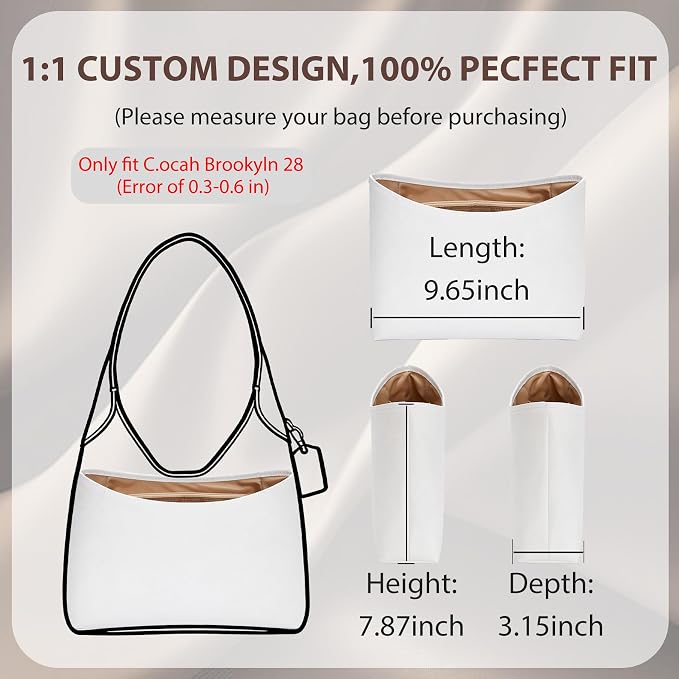 Brooklyn 28 Bag Insert, Purse Organizer Insert for Coach, White Maple | Waterproof Dupontpaper For Coach Brooklyn Shoulder Bag 28, Lightweight, 5 Compartments Zipper Pocket, Elastic Holders - Image 2