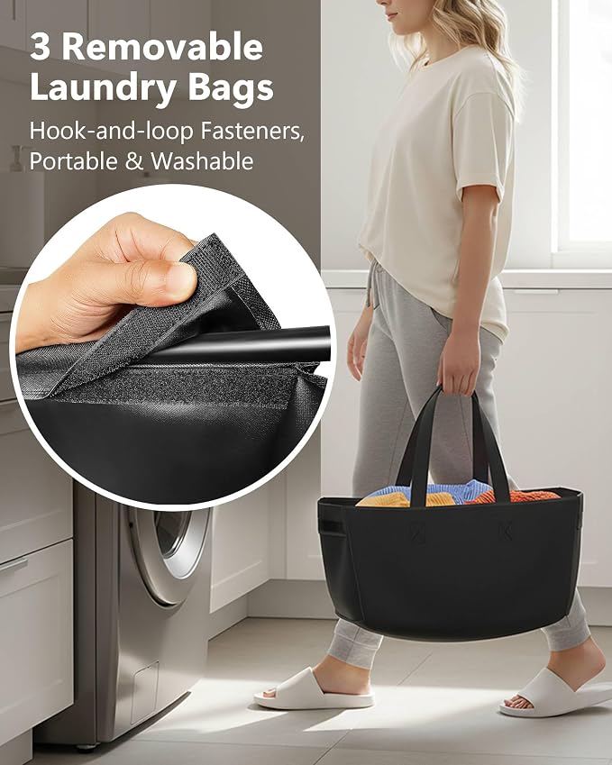 3 Section Laundry Sorter with Removable Bags, 120L Rolling Vertical Laundry Hamper, Stackable Laundry Baskets organizer for Bathroom, Apartment, Dorm (Black, With Wheel) - Image 3