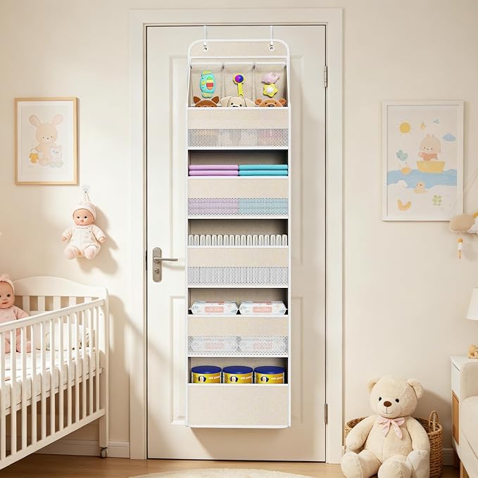 Univivi Over the Door Organizer for Baby Nursery, Beige Pattern, 6-Shelf | Door Storage with Large Capacity Breathable Mesh Pockets, Fabric Over Door Organizer for Baby Essential, Bedroom and Dorm - Image 6