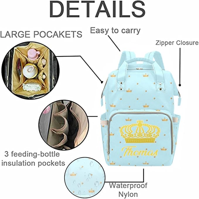 Custom Baby Diaper Bags with Name, Prince Personalized Diaper Bag Backpack Mommy Bag Diaper Nappy Bags Casual Daypack Travel Shoulder Bag for Mom - Image 5